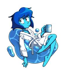  1girl ? alternate_costume barefoot blue_hair blue_skin closed_mouth coffee_mug colored_skin cup discount-supervillain gem_(steven_universe) holding holding_cup hydrokinesis lapis_lazuli_(steven_universe) mug robe short_hair solo steam steven_universe water white_robe 