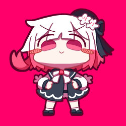  1girl beret black_hat black_outline black_ribbon chibi chibi_only commentary_request dekasurume flower gradient_hair hair_flower hair_ornament hand_on_own_hip hat long_sleeves looking_at_viewer mahou_shoujo_no_majo_saiban multicolored_hair outline pink_background pink_eyes pink_hair ribbon sakuraba_ema shirt short_hair simple_background smile solo white_flower white_hair x_hair_ornament 