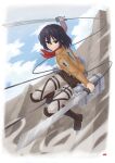  1girl absurdres bangs black_hair blue_eyes boots breasts brown_footwear brown_jacket commentary cropped_jacket emblem from_side hair_between_eyes highres holding holding_sword holding_weapon jacket knee_boots long_sleeves looking_at_viewer looking_to_the_side medium_breasts mikasa_ackerman military military_uniform npcpepper npcpepperjoe300 open_clothes open_jacket pants paradis_military_uniform parted_lips red_scarf scarf shingeki_no_kyojin shirt short_hair simple_background solo sword thigh_strap three-dimensional_maneuver_gear uniform weapon white_pants white_shirt 