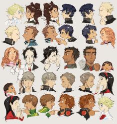 6+boys 6+girls :d absurdres adachi_tohru amagi_yukiko bandaid bandaid_on_face bandaid_on_nose black_hair blonde_hair blue_eyes blue_hair borderless_panels brown_eyes burgerwrld cellphone commentary doujima_nanako doujima_ryoutarou earrings ebihara_ai english_commentary facial_hair facing_viewer father_and_child father_and_daughter flip_phone grey_background grey_hair hanamura_yousuke head_bump headphones headphones_around_neck highres ichijou_kou jewelry konishi_naoki kujikawa_rise kuma_(persona_4) long_hair looking_at_another multiple_boys multiple_girls nagase_daisuke narukami_yu open_mouth parent_and_child persona persona_4 phone pointing pointing_at_another satonaka_chie school_uniform shirogane_naoto simple_background smile stubble sweatdrop talking talking_on_phone tatsumi_kanji uncle_and_nephew yasogami_school_uniform 
