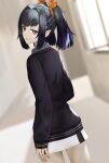  1girl black_hair black_sweater blurry blurry_background cowboy_shot dutch_angle from_behind gradient_hair hair_intakes highres indoors long_sleeves looking_at_viewer looking_back miniskirt multicolored_hair open_mouth pointy_ears purple_hair red_eyes rourou_ill saimon_(tales) skirt solo standing sweater tales_of_(series) tales_of_zestiria white_skirt 