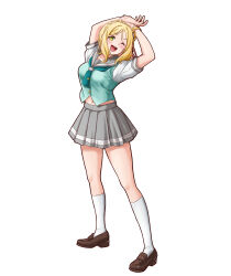  1girl absurdres blonde_hair boots brown_boots commentary_request full_body grey_skirt highres long_hair looking_at_viewer love_live! love_live!_sunshine!! necktie ohara_mari open_mouth sakurayagi1103 school_uniform shirt simple_background skirt socks solo standing uranohoshi_school_uniform white_background white_shirt white_socks yellow_eyes 