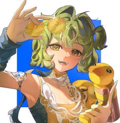  1girl :d arm_warmers bare_shoulders blonde_hair blue_arm_warmers brume_(reverse:1999) highres holding holding_removed_eyewear holding_water_gun jutyonduty looking_at_viewer official_alternate_costume one_side_up open_mouth reverse:1999 smile solo sports_bra square teeth unworn_eyewear upper_body upper_teeth_only water_gun white_background yellow_eyes yellow_sports_bra 