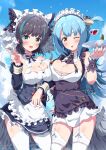  2girls absurdres apron asymmetrical_docking azur_lane bangs bare_shoulders black_hair blue_hair blue_sky blunt_bangs blush breast_press breasts chain cheshire_(azur_lane) clouds day detached_sleeves dot_nose dress eggman_(pixiv28975023) eyebrows_visible_through_hair foreshortening frilled_apron frills garter_straps highres holding holding_plate long_hair long_sleeves looking_at_viewer maid_headdress multicolored_hair multiple_girls neck_ribbon neptune_(azur_lane) one_eye_closed open_mouth outdoors petticoat plate ribbon shell_hair_ornament shiny shiny_hair short_hair sky sleeveless sleeveless_dress smile streaked_hair thigh-highs thighs tongue tongue_out v waist_apron water_drop white_apron white_legwear white_ribbon yellow_eyes 