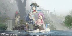  3girls absurdres altaria apron bird_wings black_bow black_bowtie black_hair black_hat black_socks black_wings blue_hair blue_skirt boots bow bowtie brown_shoes capelet chinese_commentary closed_mouth collared_shirt commentary_request commission crossover feathered_wings flower flower_request fold-over_boots frilled_capelet frills fruit_hat_ornament hair_between_eyes hat hat_ornament highres hinanawi_tenshi holding holding_flower holding_head_wreath knee_boots kneehighs lace-up_boots leaf_hat_ornament long_hair magic0daily mary_janes multiple_girls nagae_iku open_mouth outdoors pantyhose peach_hat_ornament pink_capelet pokemon pokemon_(creature) pom_pom_(clothes) puffy_short_sleeves puffy_sleeves purple_hair red_bow red_bowtie red_eyes red_hat shameimaru_aya shirt shoes short_sleeves sitting skirt smile socks tokin_hat touhou tree very_long_hair waist_apron white_apron white_pantyhose white_shirt wings 