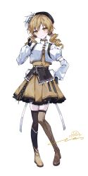  1girl absurdres beret blonde_hair boots brown_boots brown_skirt commentary_request drill_hair fingerless_gloves full_body gloves hand_up hat highres juliet_sleeves leo-zero long_hair long_sleeves looking_at_viewer magical_girl mahou_shoujo_madoka_magica mahou_shoujo_madoka_magica:_walpurgis_no_kaiten mahou_shoujo_no_majo_saiban parody pleated_skirt puffy_sleeves shirt signature simple_background skirt smile solo standing style_parody tomoe_mami tomoe_mami_(magical_girl) twin_drills white_background white_shirt yellow_eyes 