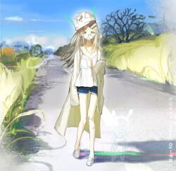  1girl album_cover_redraw alien antennae bandaid bandaid_on_leg blonde_hair blue-framed_eyewear blue_sky camisole cardigan clouds commentary crooked_eyewear day denim denim_shorts denpa_onna_to_seishun_otoko derivative_work full_body gakuen_idolmaster gradient_hair grey_hair hair_ornament hairclip helmet highres idolmaster long_hair looking_at_viewer multicolored_hair off_shoulder open_cardigan open_clothes open_mouth orange_eyes os-uchujin outdoors parody shinosawa_hiro shoes short_shorts shorts skinny sky solo song_name standing sweat traffic_light tree ufo white_camisole white_helmet white_shoes zhixia7356 