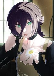  1girl absurdres apron black_choker black_shirt chainsaw_man choker commentary_request flower green_eyes grenade_pin hair_between_eyes herrscheysyuji highres holding holding_flower looking_at_viewer purple_hair reze_(chainsaw_man) shirt tongue tongue_out yellow_apron 