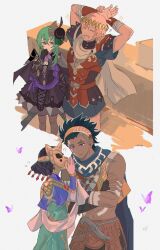  2boys 2girls absurdres arm_behind_head arm_tattoo armor arrow_(symbol) black_armor black_dress black_hair black_hat black_skirt bow breastplate bug butterfly cape cat_mask circlet closed_eyes crossed_arms crown dagger dark-skinned_male dark_skin diego_(fire_emblem) dress earrings eyelashes face_piercing facial_tattoo fascinator fingerless_gloves fire_emblem fire_emblem:_fortune's_weave fishnet_pantyhose fishnets gloves gold_circlet green_eyes green_hair green_scarf hair_between_eyes hand_on_own_face hands_up hat hat_bow headband highres jewelry knife laughing lysander_kratos mask messy_hair mini_hat multiple_boys multiple_girls muscular muscular_male necklace ninae_(fire_emblem) open_mouth orchel_(fire_emblem) outdoors pantyhose piercing pink_butterfly pink_hair red_armor sasaki_(dkenpisss) scarf short_hair_with_long_locks skirt smile sparkle spiky_hair star_(symbol) tattoo teeth thigh-highs violet_eyes weapon yellow_headband 