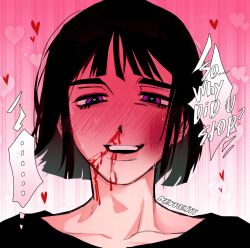  ... 1girl alien_stage artist_name black_hair black_shirt blood blush bruise bruise_on_face commentary english_commentary heart heart-shaped_pupils highres injury nevrei nosebleed pink_background portrait shirt short_hair smile solo sua_(alien_stage) sua_(zombie_stage) symbol-shaped_pupils violet_eyes zombie_stage 