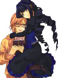 1boy 1girl acelapplepie bible_(object) black_bow black_dress black_pantyhose blonde_hair blue_eyes blue_hair blush book bow collared_shirt corset degrees_of_lewdity dress drill_hair feet_up frilled_dress frills hair_bow hairband hand_on_another's_shoulder hands_up hetero highres holding holding_book juliet_sleeves lolita_hairband long_dress long_hair long_sleeves looking_at_another looking_at_viewer low_ponytail low_twintails oc_x_canon original pantyhose parted_bangs player_character_(degrees_of_lewdity) player_character_(female)_(degrees_of_lewdity) ponytail puffy_sleeves rectangular_eyewear red-framed_eyewear shirt sidelocks simple_background sweat sweater sydney_(degrees_of_lewdity) sydney_(male)_(degrees_of_lewdity) twin_drills twintails very_long_hair white_background yellow_eyes yellow_sweater 