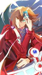  armor black_shirt blood cape card duel_academy_uniform_(yu-gi-oh!_gx) duel_disk green_eyes heterochromia highres holding holding_card jacket orange_eyes p2p_8131 red_cape red_jacket shirt solo spiked_armor spikes super_polymerization supreme_king_(yu-gi-oh!_gx) yu-gi-oh! yu-gi-oh!_gx yubel yuki_judai 