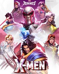  absurdres black_hair blonde_hair blue_jacket brown_hair claw_(weapon) claws cyclops_(x-men) emma_frost gambit_(x-men) highres jacket jean_grey jubilee_(marvel) julio_kahnn magneto marvel marvel_rivals multiple_boys multiple_girls open_clothes open_jacket red_hair rogue_(x-men) storm_(x-men) title weapon white_hair wolverine_(x-men) x-men yellow_jacket 