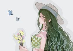  1girl argyle_clothes argyle_shirt bare_arms bare_shoulders blue_butterfly bouquet brown_hat bug burumoyu23986 butterfly chinese_commentary commentary_request crop_top floral_print flower frilled_straps from_side green_hair hat highres holding holding_bouquet infinity_nikki lace-trimmed_shirt lace_trim long_hair looking_at_animal midriff nikki_(series) plaid_hat print_shirt purple_flower shadow shirt sidelocks simple_background sleeveless sleeveless_shirt solo stylist_(nikki) sun_hat upper_body very_long_hair wavy_hair white_background white_shirt yellow_flower 