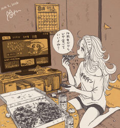  1girl 2026 alcohol alternate_costume anlucea asahi_breweries beer beer_can bubble_slime calendar_(object) can commentary_request controller cyclops_(dragon_quest) dated dragon_quest dragon_quest_x drink_can flat_chest food greyscale_with_colored_background hair_slicked_back hairband highres holding holding_controller holding_food holding_pizza holding_remote_control long_hair messy_hair mole mole_under_mouth napodq10 oversized_clothes oversized_shirt pizza pizza_box pizza_slice profile remote_control ringed_eyes shirt shorts signature sitting solo speech_bubble stuffed_toy television translation_request trash wariza 
