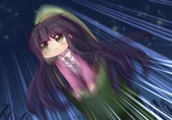  1girl bamboo bamboo_forest black_hair blue_sky blush commentary_request forest green_eyes houraisan_kaguya long_hair long_sleeves motion_blur motion_lines nature one-hour_drawing_challenge pink_shirt rectangular_mouth shirt sky solo star_(sky) starry_sky touhou unime_seaflower 