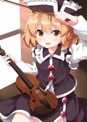  1girl black_hat black_skirt black_vest blonde_hair blush bow_(music) commentary_request completion_time frilled_hat frills hair_between_eyes hat highres holding holding_bow_(music) holding_instrument holding_violin instrument long_sleeves looking_at_viewer lunasa_prismriver medium_hair open_mouth ruu_(tksymkw) skirt skirt_set smile solo touhou vest violin yellow_eyes 