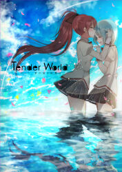 2girls black_skirt blue_hair blue_sky blush closed_eyes cloud comiket_89 commentary_request cover cover_page day hand_up highres juliet_sleeves kiss kissing_forehead long_hair long_sleeves mahou_shoujo_madoka_magica mahou_shoujo_madoka_magica:_hangyaku_no_monogatari miki_sayaka mitakihara_school_uniform mizukikushou multiple_girls open_mouth outdoors pleated_skirt ponytail puffy_sleeves red_hair sakura_kyoko school_uniform shirt skirt sky standing tears very_long_hair wading water white_shirt yuri