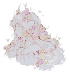  1girl artist_name bug butterfly butterfly_hair_ornament butterfly_on_horn closed_mouth commentary curly_hair english_commentary flower frilled_hairband frills from_side hair_flower hair_ornament hairband highres horns littlebluemuffin long_hair original petals pink_flower upper_body watermark white_background white_butterfly white_eyes white_flower white_hair white_horns white_petals yellow_flower 