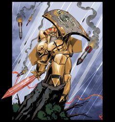  1boy armor captain_(space_king) gold_armor grid_teeth highres jetpack missile muscular muscular_male plume power_armor power_sword psycho-warrior red_eyes sethklock shield skeleton skull smile space_king 