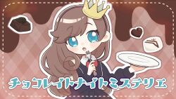  1girl :o black_dress blue_eyes blush bow bowtie brown_background brown_hair candy chocolate chocolate_night_mystery_(synthesizer_v) collared_dress commentary_request contrast_collar crown curled_ends deformed dress floating floating_object food fork gold_crown hairband hands_up head_tilt heart heart-shaped_chocolate heart-shaped_food highres holding holding_fork holding_plate inset_border long_hair long_sleeves looking_at_viewer najo official_art open_mouth outline parted_bangs plaid_background plate pointed_crown purple_hairband raised_eyebrows red_bow red_bowtie solo song_name turning_head unmoving_pattern upper_body white_outline 