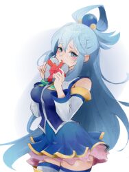  1girl aqua_(konosuba) blue_eyes blue_hair blue_shirt blue_skirt blue_thighhighs blush bow bowtie box breasts commentary_request detached_sleeves gift gift_box gradient_background green_bow green_bowtie grey_background hair_ornament hair_rings hands_up heart-shaped_box highres holding holding_box holding_gift kono_subarashii_sekai_ni_shukufuku_wo! kotlight long_hair looking_at_viewer medium_breasts miniskirt parted_lips pleated_skirt shirt single_hair_ring skirt sleeveless sleeveless_shirt solo sphere_hair_ornament thigh-highs valentine very_long_hair white_sleeves zettai_ryouiki 