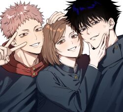  1girl 2boys adam's_apple anger_vein black_hair blonde_hair brown_eyes brown_hair buttons commentary_request fingernails grin hand_on_another's_chin hand_on_another's_head highres hood hoodie jacket_over_hoodie jujutsu_kaisen jujutsu_tech_uniform korean_commentary kugisaki_nobara looking_at_viewer multicolored_hair multiple_boys pink_hair red_hoodie short_hair simple_background smile spiky_hair two-tone_hair upper_body v westgun white_background 