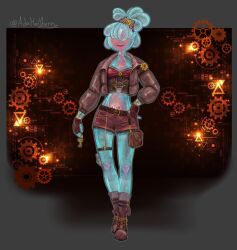  1girl adahellberry boots chain crop_top fingerless_gloves full_body gem_(steven_universe) gloves highres jacket monster_girl orange_spodumene see-through_body shorts solo steampunk steven_universe 