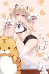 1girl :o animal_ear_fluff animal_ears animal_hands bangs black_bow black_bowtie black_shorts blonde_hair blush bow bowtie chucolala claw_pose crop_top extra_ears eyebrows_visible_through_hair fang full_body gloves hair_between_eyes hair_over_shoulder heart heart_background highres jawr8473 kneeling long_hair looking_at_viewer navel paw_gloves paw_print paw_print_background paw_shoes red_eyes short_shorts shorts simple_background skin_fang solo suzumiya_rin tail tail_raised thigh-highs tiger_ears tiger_tail twintails very_long_hair virtual_youtuber white_footwear white_gloves white_legwear 