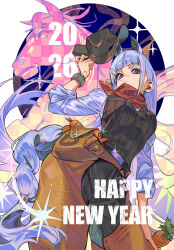  1girl 2026 carrot chinese_zodiac commentary_request cowboy_hat happy_new_year hat highres holding holding_carrot holding_unworn_clothes holding_unworn_hat horse horse_girl horse_tail korean_commentary long_hair original purple_hair scarf sepo solo tail unworn_hat unworn_headwear violet_eyes year_of_the_horse 