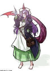  1girl absurdres alternate_costume apron artist_name bag barefoot brown_bag coat commentary_request cross cross_print dated dress full_body green_dress grin hair_between_eyes hand_in_pocket hat highres holding holding_syringe horns horns_through_headwear lizard_tail nurse nurse_cap one-hour_drawing_challenge open_clothes open_coat print_hat purple_coat purple_hair purple_horns purple_tail red_cross red_eyes sharp_tail shoulder_bag simple_background single_horn smile solo syringe tail tenkajin_chiyari touhou ve1024 very_long_tail white_apron white_background white_hat 
