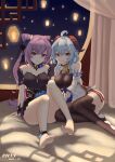  2girls absurdres ahoge anklet barefoot bed_sheet bedroom blue_hair feet full_body ganyu_(genshin_impact) genshin_impact highres horns jewelry keqing_(genshin_impact) keqing_(opulent_splendor)_(genshin_impact) looking_at_viewer multiple_girls night no_shoes on_bed purple_hair ricky_(mnfy4277) smile soles thigh-highs toeless_legwear toes violet_eyes 