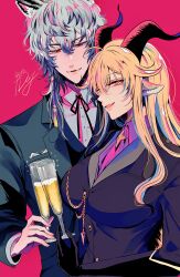  1boy 1girl absurdres animal_ears arknights black_gloves black_ribbon blonde_hair blue_eyes breasts champagne_flute commentary_request cup degenbrecher_(arknights) drinking_glass elbow_gloves gloves goat_ears goat_girl grey_hair hair_between_eyes highres holding holding_cup horns nini_ninip orange_eyes pocket_square ribbon silverash_(arknights) simple_background snow_leopard_boy snow_leopard_ears toasting_(gesture) 