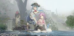  3girls altaria apron bird_wings black_bow black_bowtie black_hair black_hat black_socks black_wings blue_hair blue_skirt blush boots bow bowtie brown_shoes camera capelet chinese_commentary collared_shirt commentary_request commission crossover embarrassed feathered_wings flower flower_request fold-over_boots frilled_capelet frills fruit_hat_ornament hair_between_eyes hat hat_ornament highres hinanawi_tenshi holding holding_camera holding_flower holding_head_wreath knee_boots kneehighs lace-up_boots leaf_hat_ornament long_hair magic0daily mary_janes multiple_girls nagae_iku open_mouth outdoors pantyhose peach_hat_ornament pink_capelet pokemon pokemon_(creature) pom_pom_(clothes) puffy_short_sleeves puffy_sleeves purple_hair red_bow red_bowtie red_eyes red_hat second-party_source shameimaru_aya shirt shoes short_sleeves sitting skirt smile socks tokin_hat touhou tree very_long_hair waist_apron white_apron white_pantyhose white_shirt wings 