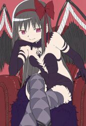  1girl ai-generated akemi_homura akuma_homura argyle_clothes argyle_pantyhose black_dress black_gloves black_hair black_wings blush bow closed_mouth couch crossed_legs dress elbow_gloves feathered_wings gloves hair_bow hair_ribbon highres jei_games long_hair mahou_shoujo_madoka_magica mahou_shoujo_madoka_magica:_hangyaku_no_monogatari on_couch pink_background purple_thighhighs red_background red_bow red_ribbon revealing_clothes ribbon simple_background sitting smile solo strapless strapless_dress thighhighs wings 