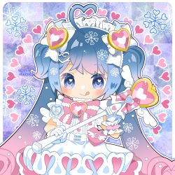  1girl ahoge blue_eyes blue_hair blush border bow bowtie chibi chibi_only closed_mouth commentary_request cowboy_shot dress gloves gradient_hair hair_bow hatsune_miku heart heart_ahoge highres holding holding_wand kusunoki_cherry long_hair looking_at_viewer maid_headdress multicolored_hair outline outside_border pink_bow pink_bowtie pink_hair purple_background short_sleeves smile solo striped_bow striped_bowtie striped_clothes twintails two_side_up very_long_hair vocaloid wand white_border white_dress white_gloves white_outline yuki_miku yuki_miku_(2027) 
