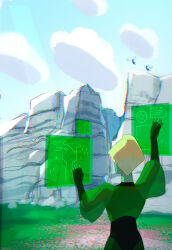  1girl blonde_hair clouds cloudy_sky gem_(steven_universe) highres hologram homeworld_gem_uniform landscape original outdoors peridot_(thefaeriemerchant) science_fiction sky solo steven_universe thefaeriemerchant 
