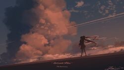  1girl anniversary artist_name blue_sky character_name clouds cloudy_sky commentary contrail cumulonimbus_cloud dated dusk english_commentary floating_hair from_behind hatsune_miku highres holding holding_microphone long_hair microphone outdoors rune_xiao scenery signature skirt sky solo standing twintails very_long_hair vocaloid wide_shot 