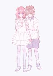  1boy 1girl artist_name bare_arms bare_shoulders blue_shorts brown_hair collared_shirt degrees_of_lewdity dollyadayo dress flat_chest full_body green_eyes hair_between_eyes hair_intakes hair_ornament hairclip hand_up highres holding holding_hands holding_jewelry holding_necklace jewelry looking_at_viewer necklace open_collar pale_colors parallel_hairclips player_character_(degrees_of_lewdity) player_character_(female)_(degrees_of_lewdity) red_hair robin_(degrees_of_lewdity) robin_(male)_(degrees_of_lewdity) sandals serious shirt short_dress short_hair shorts simple_background sleeveless sleeveless_dress socks very_short_hair white_background white_dress white_shirt white_socks 