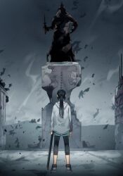  1girl ashes black_hair broken_statue commentary_request dark from_behind full_body holding holding_sheath hood hood_down hoodie korean_commentary lee_jihye long_hair mountainous_horizon omniscient_reader's_viewpoint outdoors pedestal ponytail rroronn scenery sheath solo standing statue white_hoodie 