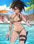  3girls ahri_(league_of_legends) akali animal_ears arm_tattoo artist_name ass bangs bikini blue_swimsuit blushy-pixy breasts can closed_mouth collarbone contrapposto criss-cross_halter english_commentary facial_mark fox_ears fox_tail green_bikini green_eyes green_hairband hairband halterneck highres holding holding_can kai&#039;sa knife kumiho ladder large_breasts league_of_legends long_hair multiple_girls multiple_tails navel palm_tree shiny shiny_skin stomach swimsuit tail tattoo thigh_strap tongue tongue_out tree vastaya wading water 