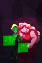  2girls blonde_hair colored_skin commentary english_commentary fat gem_(steven_universe) green_skin highres hologram homeworld_gem_uniform lips multiple_girls original peridot_(thefaeriemerchant) pink_hair pink_skin ringlets rose_quartz_facet_5_cut_5xl science_fiction steven_universe thefaeriemerchant 