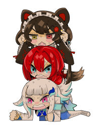 3girls :3 all_fours ange_katrina ange_katrina_(1st_costume) animal_ears aqua_armband aqua_eyes aqua_hair armband blue_neckerchief blue_thighhighs blunt_bangs blush blush_stickers boots brown_hair brown_kimono colored_inner_hair commentary_request deformed denkiusagi dog_ears dog_girl double-parted_bangs fangs hair_between_eyes hair_intakes hair_ornament hands_up heterochromia highres human_tower inui_toko inui_toko_(1st_costume) jacket japanese_clothes kimono lize_helesta lize_helesta_(1st_costume) long_hair long_sidelocks long_sleeves looking_ahead maid_headdress multicolored_hair multiple_girls neckerchief nijisanji nose_blush open_mouth partial_commentary raised_inner_eyebrows red_eyes red_hair red_shirt sanbaka_(nijisanji) shirt sidelocks simple_background stacking struggling sweat tearing_up teeth thigh-highs two-tone_hair upper_teeth_only v-shaped_eyebrows very_long_hair virtual_youtuber white_background white_boots white_hair white_headdress white_jacket yellow_eyes 