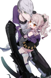  1boy 1girl absurdres age_difference blush commentary_request fang glaring green_eyes grey_hair highres husband_and_wife ishida_mitsunari_(sengoku_basara) katana long_hair looking_at_viewer miniskirt nashi_(shi_ra_nu_i) oc_x_canon okobo open_mouth orange_eyes original platform_sandals ponytail sandals sengoku_basara skirt smile sword utaha_(nashi) weapon 