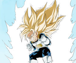  amayuki318 aura blonde_hair blue_background blue_bodysuit bodysuit boots clenched_hands clenched_teeth collarbone commentary_request dragon_ball dragon_ball_z from_behind gloves green_eyes highres long_hair powering_up saiyan_armor simple_background son_gohan spiky_hair super_saiyan sweatdrop teeth thick_eyebrows trembling very_long_hair white_boots white_gloves 