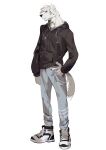  1boy animal_ears black_hoodie body_fur dog_boy dog_ears dog_tail full_body furry furry_male grey_pants highres hood hoodie male_focus original pants seato-hao shoes short_hair skinny snout solo tail white_background white_fur white_hair 