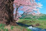 blue_sky cherry_blossoms day grass landscape leaf mountain nature no_humans original outdoors river road scenery signature sky spring_(season) suupii tree 