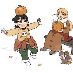  2girls :d autumn autumn_leaves bird black_hair blonde_hair brown_coat closed_eyes coat commentary diva_(hyxpk) duck earrings english_commentary green_pants grey_eyes highres jewelry leaf long_hair multiple_girls original outstretched_arms pants pumpkin pumpkin_on_head scarf short_hair simple_background sitting smile standing standing_on_one_leg stud_earrings sweater white_background white_scarf yellow_sweater 