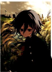  1boy black_eyes black_hair black_jacket border buttons clouds cloudy_sky collared_jacket commentary_request danganronpa_(series) danganronpa_v3:_killing_harmony day empty_eyes expressionless gakuran hair_between_eyes high_collar jacket korean_commentary long_hair_between_eyes long_sleeves looking_at_viewer male_focus memeeo0o official_art oma_kokichi outdoors outside_border path power_lines school_uniform short_hair sky skyline solo sun undershirt upper_body wheat_field white_border 
