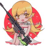  :o apex_legends bangs barefoot blonde_hair blush bow chibi crossover eyebrows_visible_through_hair fang gun hair_behind_ear holding holding_gun holding_weapon long_hair monogatari_(series) nessie_(respawn) open_mouth oshino_shinobu red_bow rifle sentinel_esr sitting smile sniper_rifle sparkle tama_(ponz3o1) very_long_hair weapon 